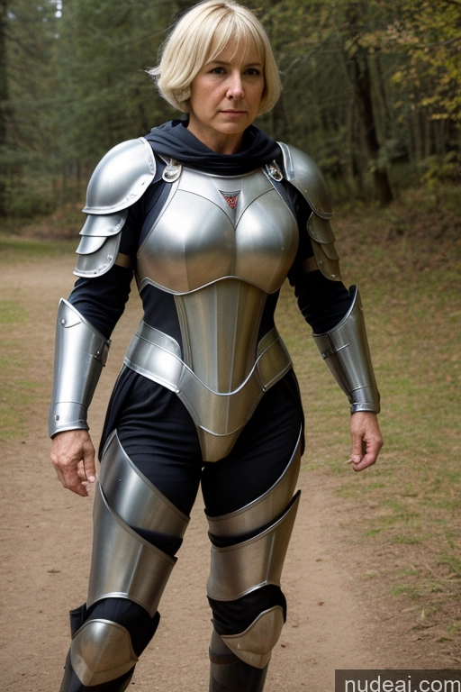 ai nude image of blond woman in armor posing for a picture in a wooded area pics of Blonde Muscular Thick Fantasy Armor Sci-fi Armor Mech Suit Medieval Short Hair 80s