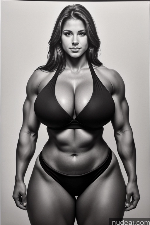 ai nude image of a black and white photo of a woman in a bikini posing for a picture pics of Thick Muscular Bikini 18 Huge Boobs Big Ass Big Hips Charcoal