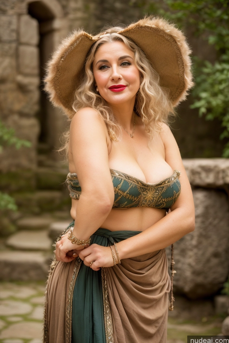 ai nude image of blond woman in a brown and green dress and hat posing for a picture pics of Milf One Small Tits Lipstick Beautiful Pubic Hair Happy Pouting Lips White Dress Medieval Roman Traditional Tribal Tunic Detailed Bright Lighting 30s