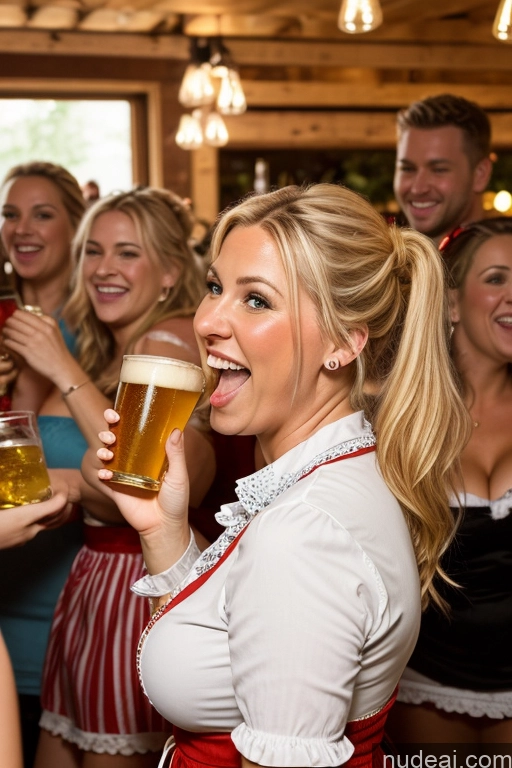 related ai porn images free for Woman Two Busty Chubby 40s Laughing Blonde Pigtails German Party Front View Eating Dirndl Beer