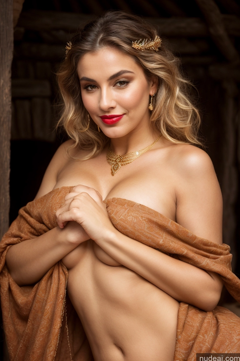 ai nude image of arafed woman in a tan dress posing for a picture pics of Milf One Small Tits Lipstick Beautiful Pubic Hair Perfect Body Happy Pouting Lips Dress Medieval Traditional Tribal Jewelry Gold Jewelry Bright Lighting Detailed German Partially Nude