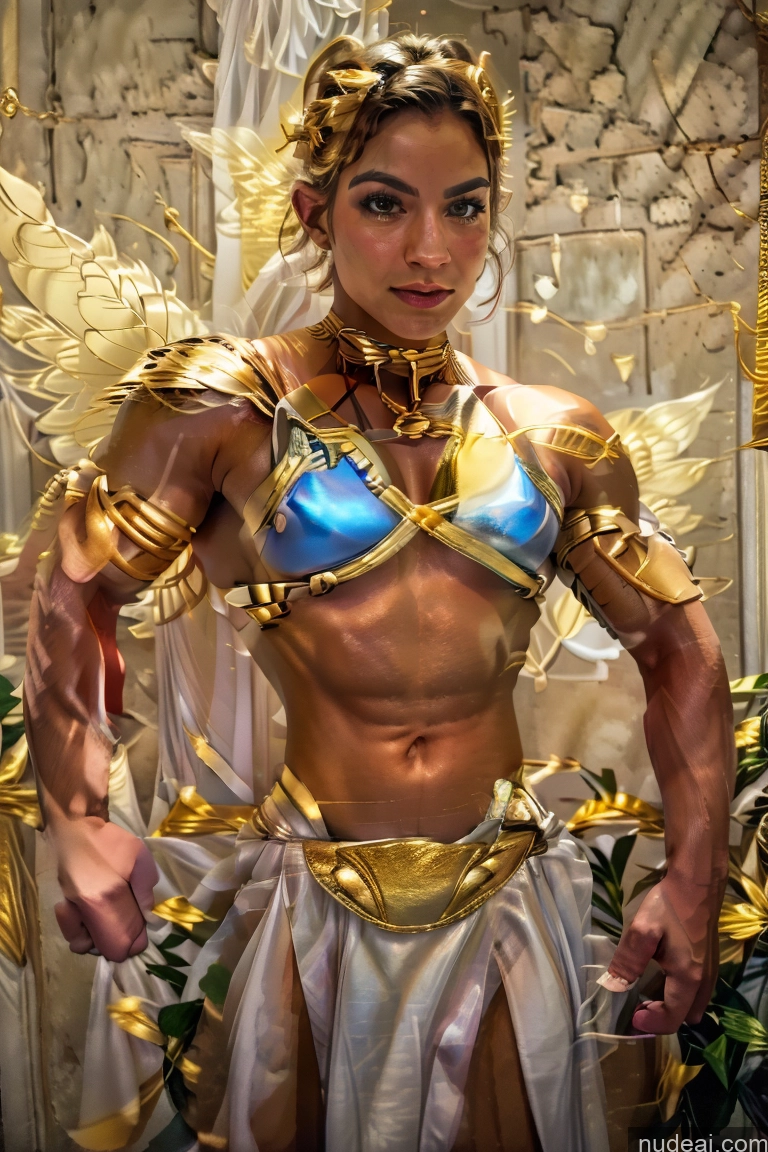 Superheroine Muscular Superhero Slavekini, Aka Slave Leia Outfit Powering Up Captain Marvel Abs Menstoga, White Robes, In White And Gold Costumem, Gold Headpiece, Gold Belt, Gold Chain Fairy