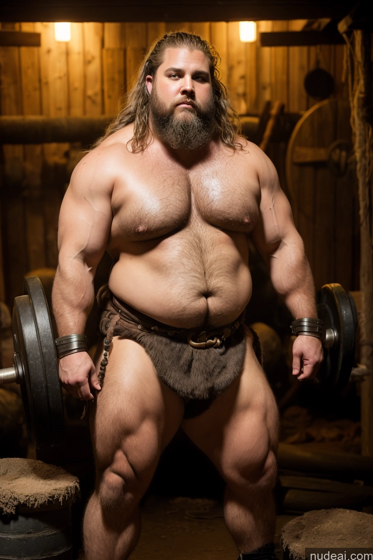 ai nude image of arafed man with a beard and a beardless body is holding a barbell pics of Bodybuilder Big Hips Chubby Thick Fat Pubic Hair Busty Cyberpunk Viking Tribal