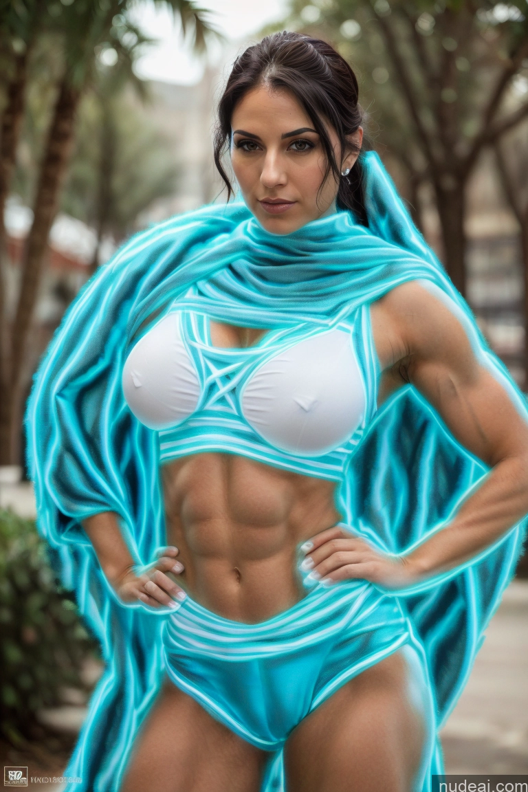 ai nude image of arafed woman in a bikini and a blue shawl posing for a picture pics of Israel Jewish Front View Busty Small Tits Fairer Skin Black Hair Muscular Abs Superhero Has Wings Neon Lights Clothes: Blue Regal Bodybuilder