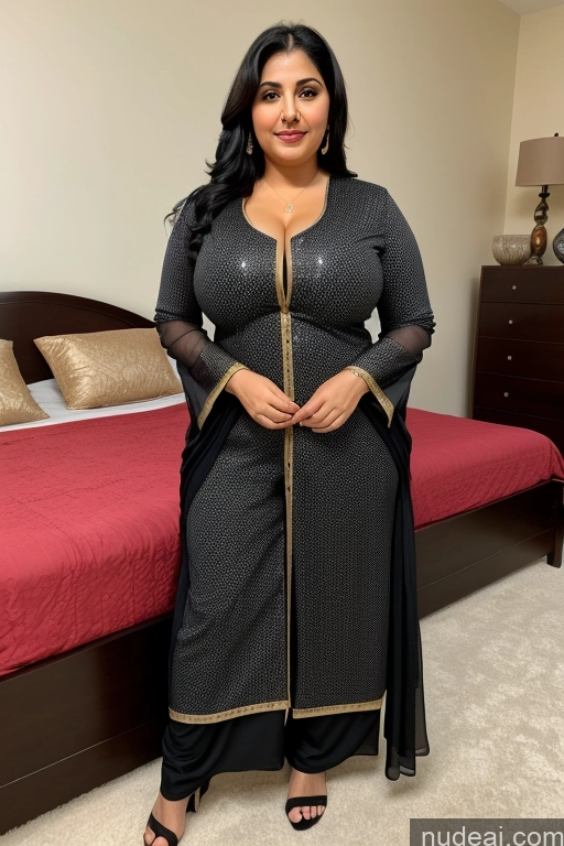 ai nude image of a woman in a black dress standing in front of a bed pics of Milf One Busty Thick Chubby Big Hips Sexy Face Black Hair Straight Bedroom Front View 30s Arabic Salwar