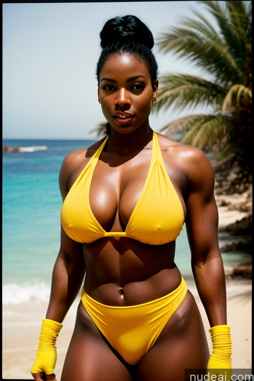 ai nude image of there is a woman in a yellow bikini posing on the beach pics of Muscular Thick Superhero Busty Vintage African