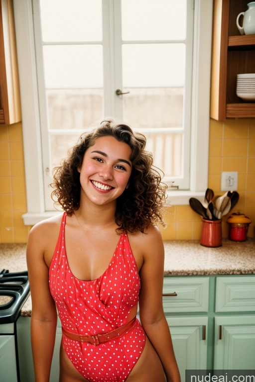 ai nude image of smiling woman in red polka dot swimsuit standing in kitchen pics of 18 Happy Curly Hair French Brunette Vintage Kitchen One Piece Swimsuit Thick