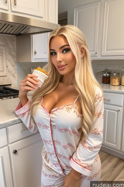 ai nude image of blonde woman in pajamas holding a cup of coffee in a kitchen pics of Bimbo Kitchen 18 Pajamas