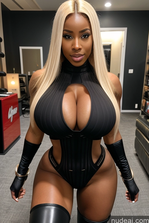 ai nude image of araffe woman in a black bodysuit posing in a room pics of Bimbo Superhero Muscular Thick African Huge Boobs