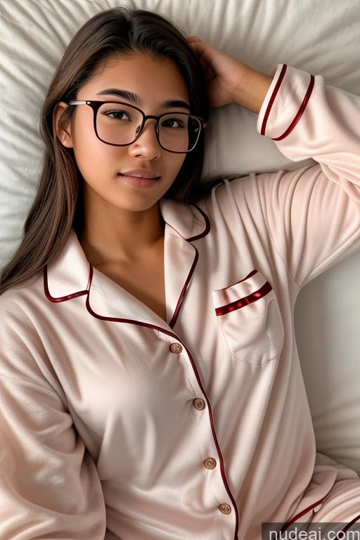 ai nude image of arafed woman in a pink pajamas and glasses laying on a bed pics of 18 Pajamas Glasses Polynesian