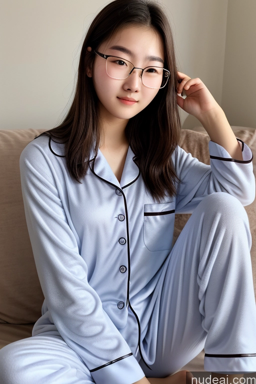 ai nude image of arafed woman wearing glasses sitting on a couch in a blue pajamas pics of 18 Pajamas Glasses Mongolian