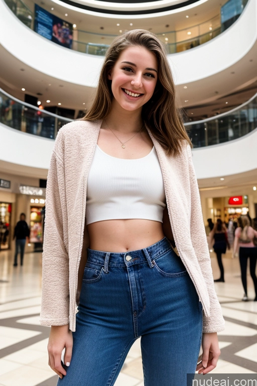 ai nude image of arafed woman in a white top and jeans standing in a mall pics of One Fairer Skin 18 Happy Brunette Straight British Jeans Front View Sorority Small Tits Tall Skinny Mall Crop Top Jacket