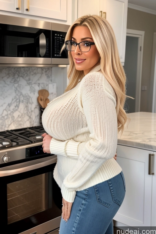 ai nude image of araffe woman in glasses standing in a kitchen with a stove pics of Bimbo 60s Pubic Hair Big Hips Big Ass Busty Glasses Kitchen Sweater Jeans