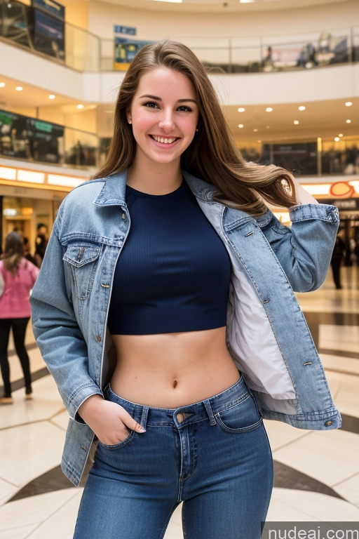 ai nude image of arafed woman in a blue top and jeans posing for a picture pics of One Fairer Skin 18 Happy Brunette Straight British Jeans Front View Sorority Small Tits Tall Skinny Mall Crop Top Jacket