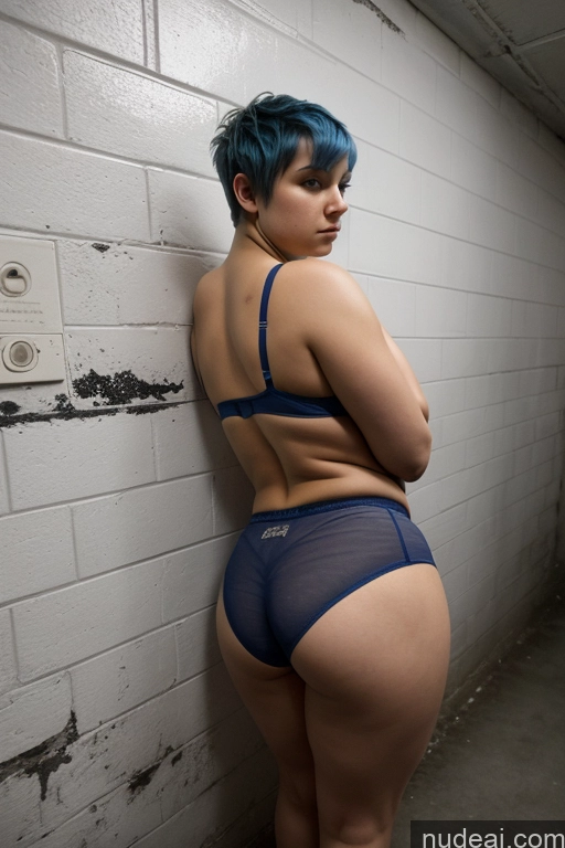 ai nude image of arafed woman in a blue underwear leaning against a wall pics of Dark Lighting Pixie Blue Hair 18 Prison Shirt Panties Back View Big Hips Big Ass T-pose