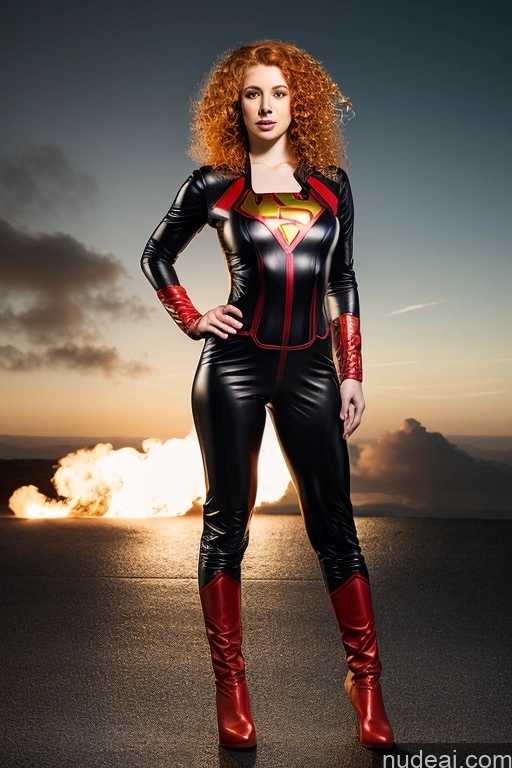 ai nude image of araffe woman in a black and red costume standing in front of a fire pics of Superhero Jumpsuit Leather Ginger Fairer Skin Curly Hair Athlete