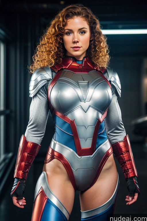 ai nude image of arafed woman in a silver and red costume posing for a picture pics of Superhero Curly Hair Thick Muscular Ginger Fairer Skin Sci-fi Armor