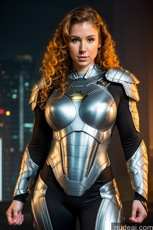 ai nude image of arafed woman in a silver and black costume standing in front of a city pics of Superhero Curly Hair Thick Muscular Ginger Fairer Skin Sci-fi Armor