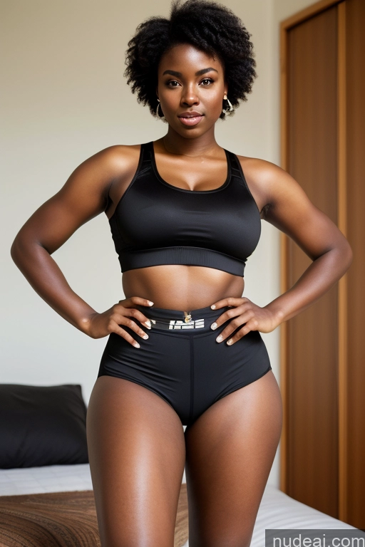 ai nude image of there is a woman in a black top and black shorts posing on a bed pics of African Big Ass Big Hips Short Shorts Sports Bra Skinny