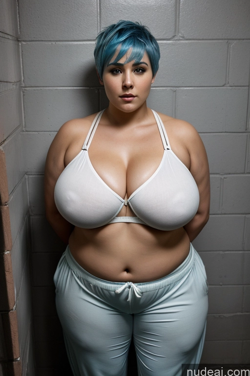 ai nude image of arafed woman with blue hair and a white bra top posing for a picture pics of Prison Harem Pants Shirt Pixie Blue Hair Huge Boobs Chubby