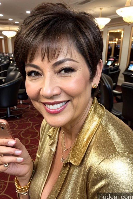 ai nude image of smiling woman in gold shirt holding up a cell phone in a casino pics of Milf One Busty 50s Happy Brunette Short Hair Asian Mirror Selfie Casino Front View Casual Gold Jewelry