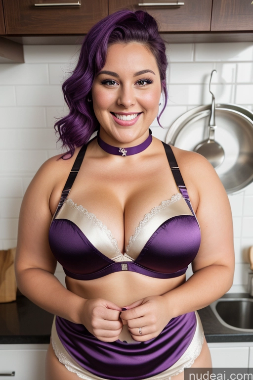 ai nude image of purple haired woman in a purple bra and panties posing for a picture pics of Busty Thick Chubby Fat Beautiful Happy Sports Bra Hip Hop Choker Cleavage 30s Nude Purple Hair Satin Apron