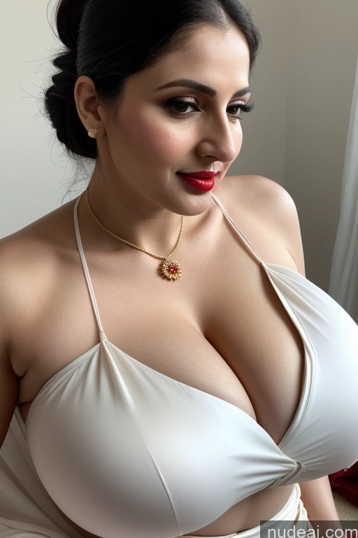 ai nude image of araffed woman in a white dress with a red lip and a necklace pics of Woman One Huge Boobs Beautiful Lipstick Fairer Skin 30s Slicked White Close-up View Sari Cleavage Simple