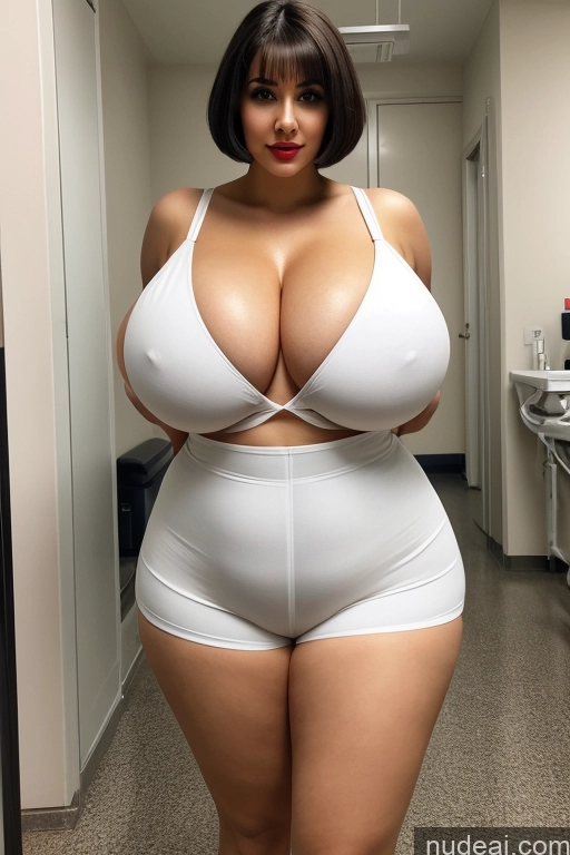 ai nude image of araffe woman in white underwear posing in a bathroom pics of Huge Boobs Perfect Boobs Beautiful Lipstick Big Hips Fairer Skin Black Hair Sexy Face Detailed Bright Lighting 20s Short Hair Hospital Busty Jumpsuit