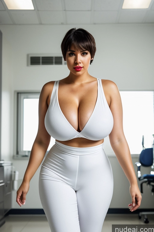 ai nude image of araffe woman in white pants and a white bra top pics of Huge Boobs Perfect Boobs Beautiful Lipstick Big Hips Fairer Skin Black Hair Sexy Face Detailed Bright Lighting 20s Short Hair Hospital Busty Jumpsuit