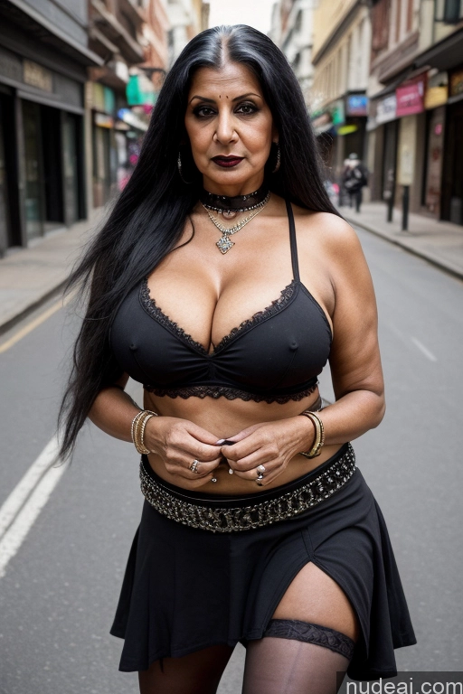 ai nude image of there is a woman in a black skirt and a black bra top pics of Milf Busty Big Ass Long Hair Indian Cleavage 70s Street Mini Skirt Goth