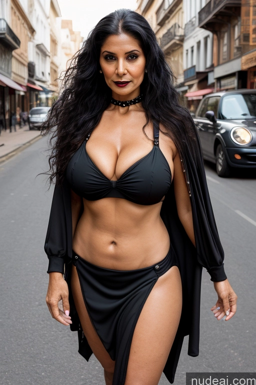 ai nude image of arafed woman in a black bikini and black cape walking down a street pics of Milf Busty Big Ass Long Hair Indian Cleavage 70s Mini Skirt Goth Street Microkini