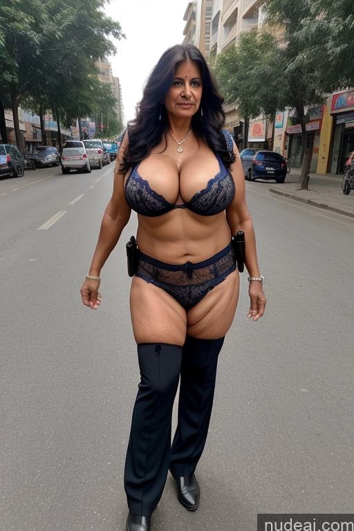 ai nude image of araffe woman in a black bra top and black pants walking down a street pics of Milf Busty Long Hair Indian Cleavage Police Street 70s Big Ass Panties