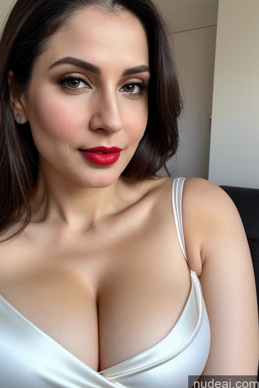 ai nude image of arafed woman with a red lipstick and a white dress pics of Woman One Huge Boobs Beautiful Lipstick Fairer Skin 30s Slicked White Close-up View Sari Simple Cleavage