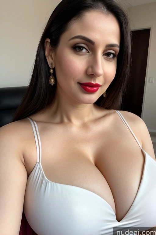 ai nude image of araffed woman in a white bra top posing for a picture pics of Woman One Huge Boobs Beautiful Lipstick Fairer Skin 30s Slicked White Close-up View Sari Simple Cleavage