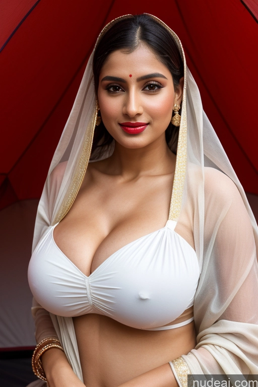 ai nude image of araffe woman in a white dress and a red umbrella pics of Woman One Huge Boobs Beautiful Lipstick Fairer Skin 30s Slicked White Close-up View Sari Simple Cleavage Tent