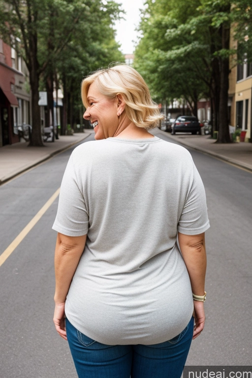 ai nude image of araffe woman in a gray shirt and blue jeans walking down a street pics of Busty Big Ass Blonde White Fat One Casual Happy Milf Back View 40s