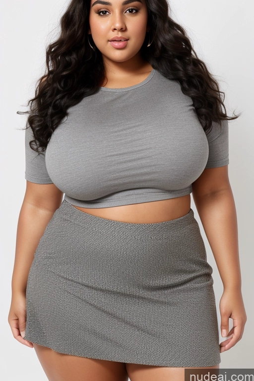 ai nude image of a woman in a grey top and skirt posing for a picture pics of Big Ass Huge Boobs Woman One 18 Black Hair Curly Hair Big Hips Chubby Fat Teacher Arabic Mini Skirt