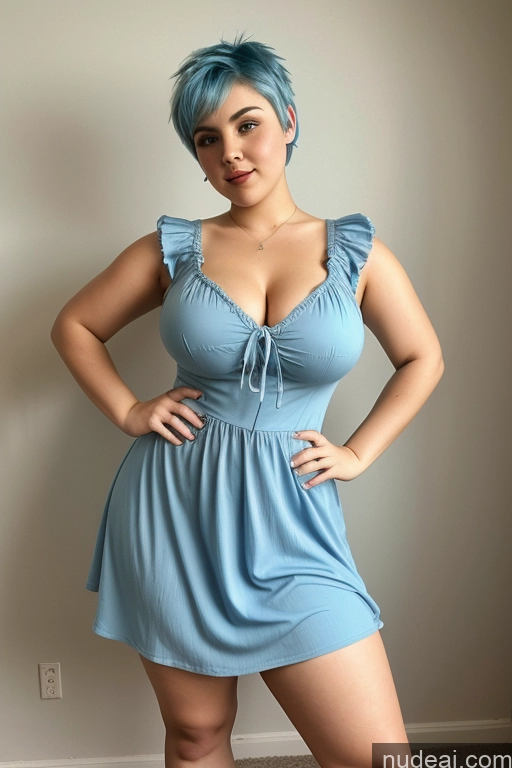 ai nude image of arafed woman in a blue dress posing for a picture pics of Dress Blue Hair Pixie Big Hips Big Ass Busty 18 90s