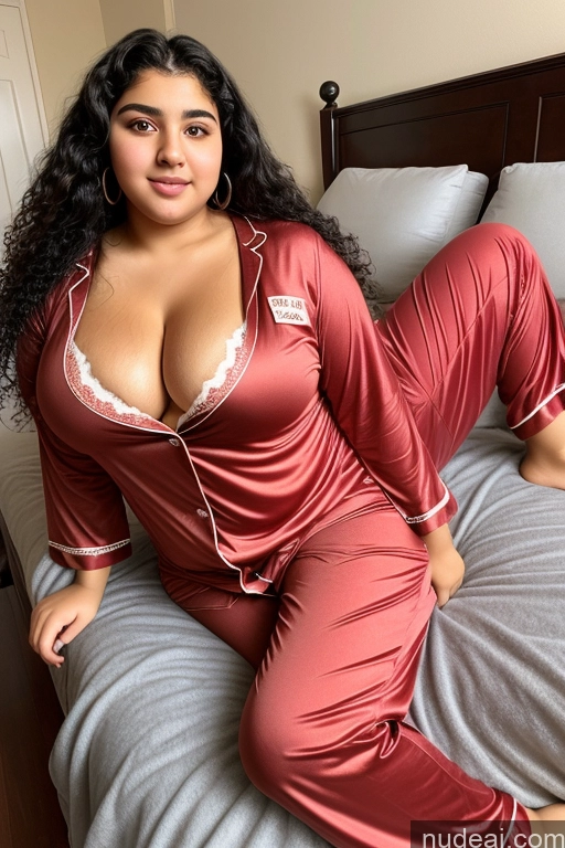 ai nude image of araffe woman in red pajamas laying on a bed with a white pillow pics of Fat Big Ass 18 Black Hair Arabic Perfect Boobs Curly Hair Pajamas