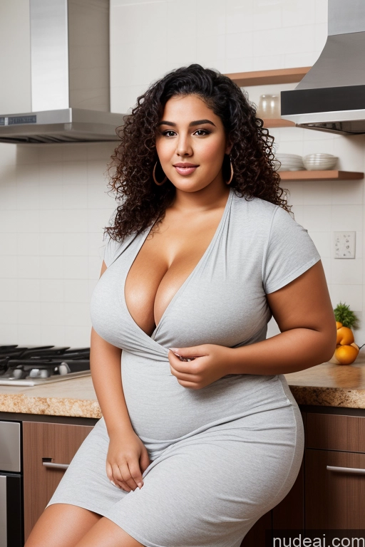 ai nude image of araffe woman in a grey dress posing in a kitchen pics of Fat Big Ass 18 Black Hair Arabic Perfect Boobs Curly Hair Kitchen Busty Chubby Tunic