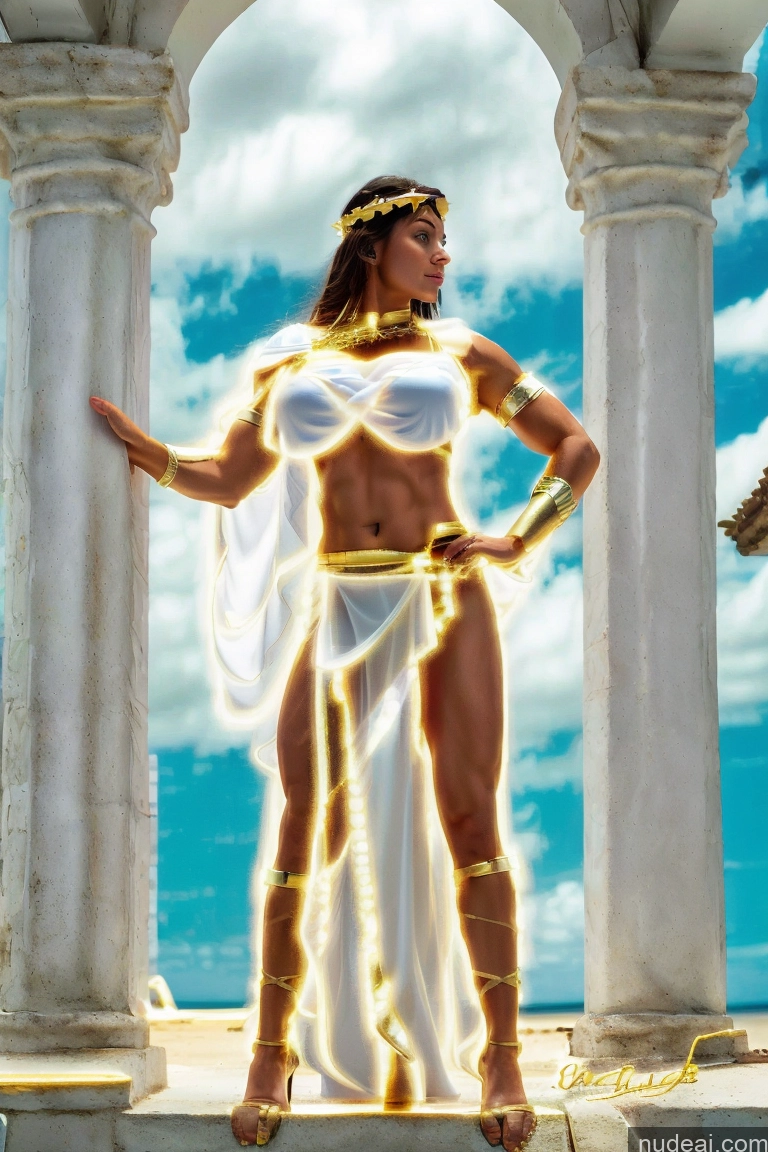 ai nude image of arafed woman in a white dress standing in front of a building pics of Huge Boobs Muscular Abs Menstoga, White Robes, In White And Gold Costumem, Gold Headpiece, Gold Belt, Gold Chain Powering Up Deep Blue Eyes Woman Neon Lights Clothes: Purple Neon Lights Clothes: Red Neon Lights Clothes: Orange Neon Lights Clothes: Yellow