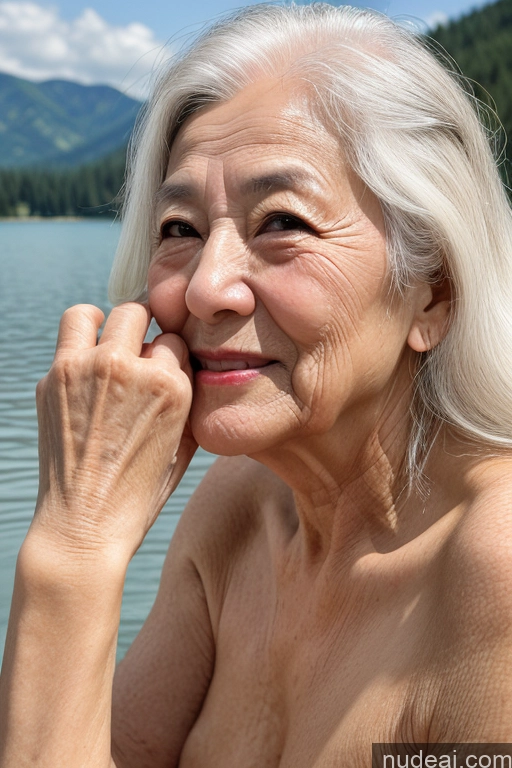 ai nude image of smiling woman with white hair and no shirt on sitting by the water pics of Woman One Beautiful White Hair Long Hair Soft + Warm Nude Detailed Lake Japanese 80s Close-up View