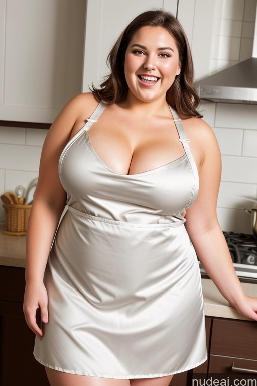 ai nude image of araffe woman in a silver dress standing in a kitchen pics of 30s Thick Chubby Fat Busty Laughing Apron Dress Satin Nude