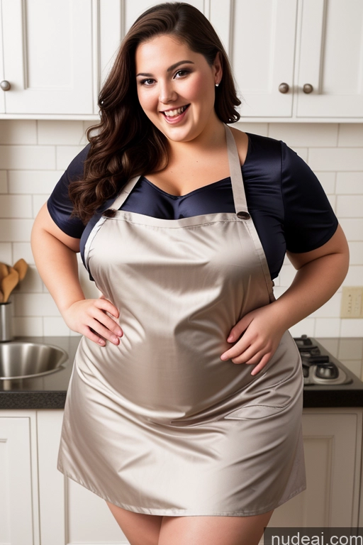 ai nude image of there is a woman in a kitchen posing for a picture pics of 30s Thick Chubby Fat Busty Laughing Apron Dress Satin Nude