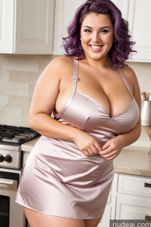 ai nude image of araffe woman in a shiny dress posing in a kitchen pics of 30s Thick Chubby Fat Busty Laughing Apron Satin Nude Close-up View Happy Cleavage Oiled Body Purple Hair Two