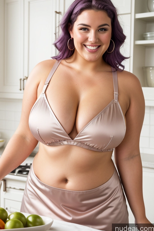 related ai porn images free for 30s Thick Chubby Fat Busty Laughing Apron Satin Nude Close-up View Happy Cleavage Oiled Body Purple Hair Two