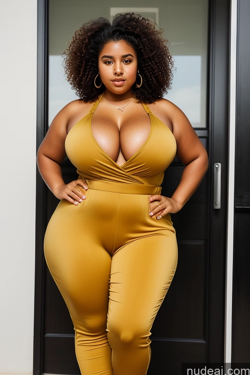 ai nude image of a pregnant woman in a yellow dress posing for a picture pics of Woman Huge Boobs Big Ass Thick Big Hips Fat Tanned Skin 18 Black Hair Curly Hair Arabic Jumpsuit