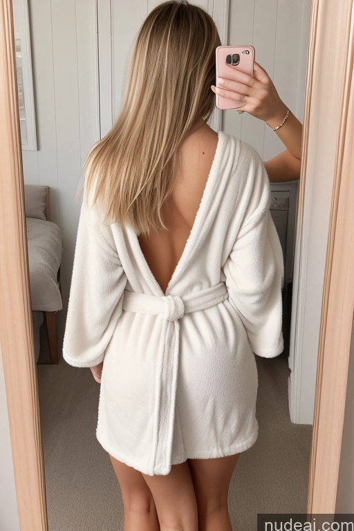 ai nude image of arafed woman in a white robe taking a selfie in a mirror pics of Woman One Beautiful Short 20s Happy Blonde Long Hair German Mirror Selfie Front View Partially Nude Bathrobe