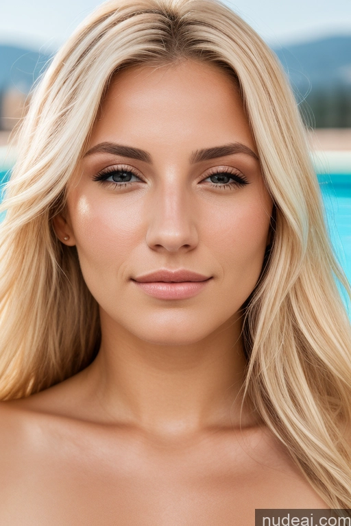 ai nude image of blond woman with long hair and a tan top posing by a pool pics of Bulgarian Tall Aquiline Nose Blonde Poolside Close-set Eyes Wide-set Eyes