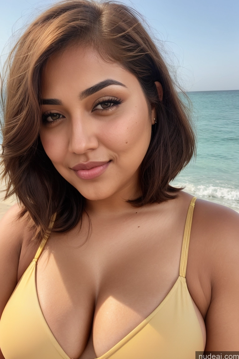 Golden Brown Bob Cut Beach Saudi Curvy Full Lips Prominent Chin Birthmark Bikini Winking